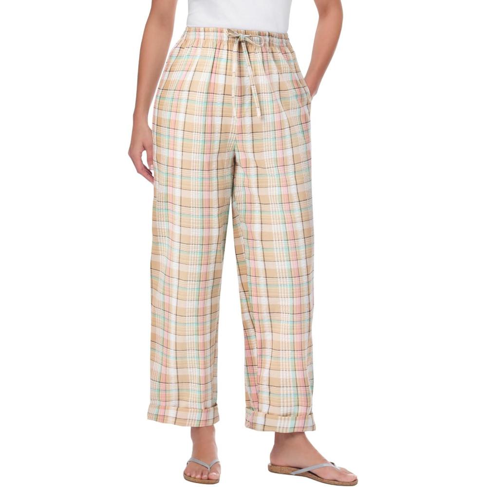 image:imageWoman Within Plus Size Petite Seersucker PullOn ElasticWaist PantsNew Khaki Plaid