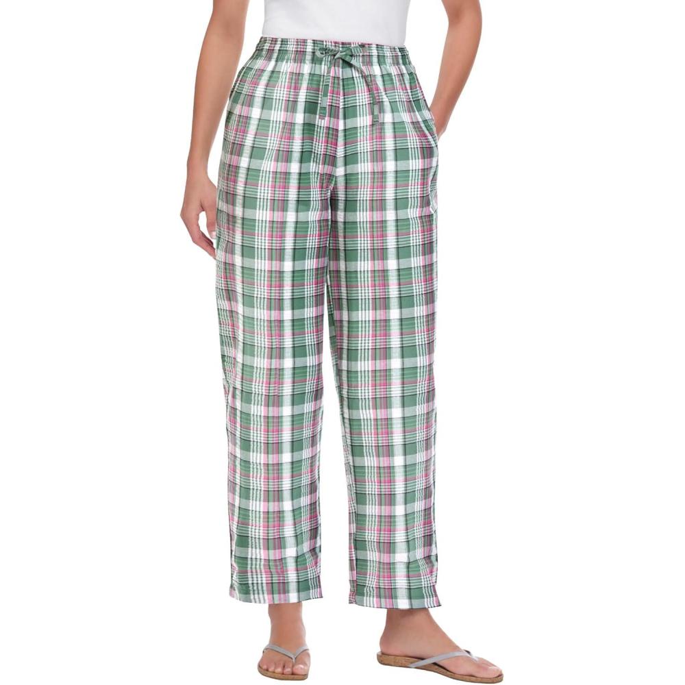 image:imageWoman Within Plus Size Petite Seersucker PullOn ElasticWaist PantsPine Plaid