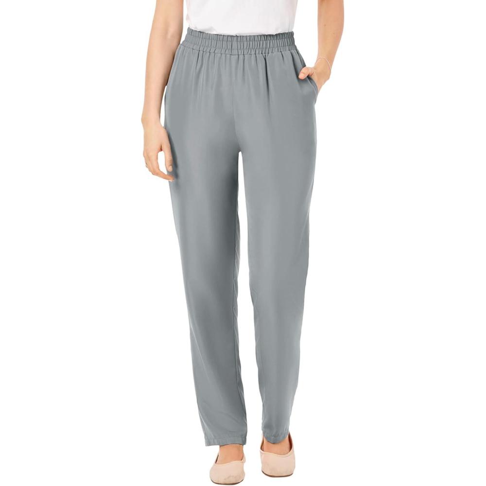image:imageWoman Within Plus Size Petite Woven PullOn PantsGunmetal