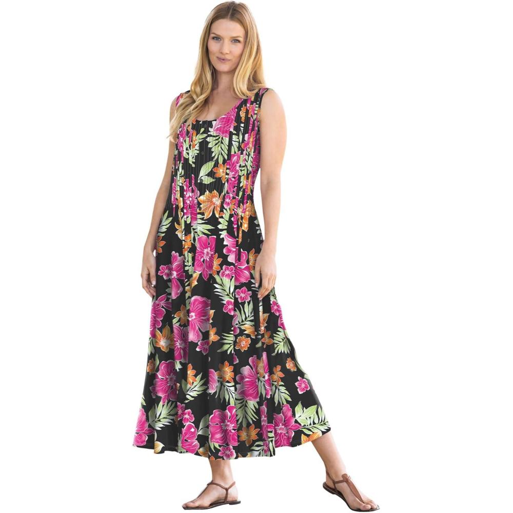 image:imageWoman Within Plus Size Pintucked Sleeveless DressBlack Multi Fun Floral