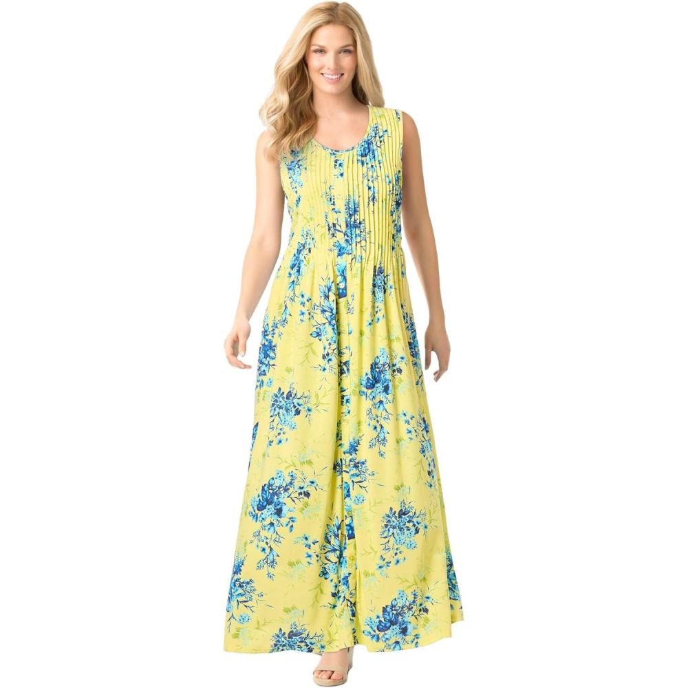 image:imageWoman Within Plus Size Pintucked Sleeveless DressBright Lemon Floral Toss