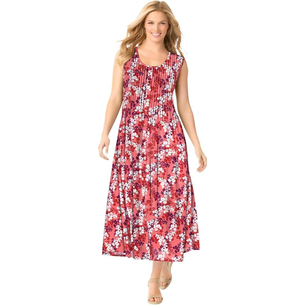 image:imageWoman Within Plus Size Pintucked Sleeveless DressSweet Coral Ditsy Bloom