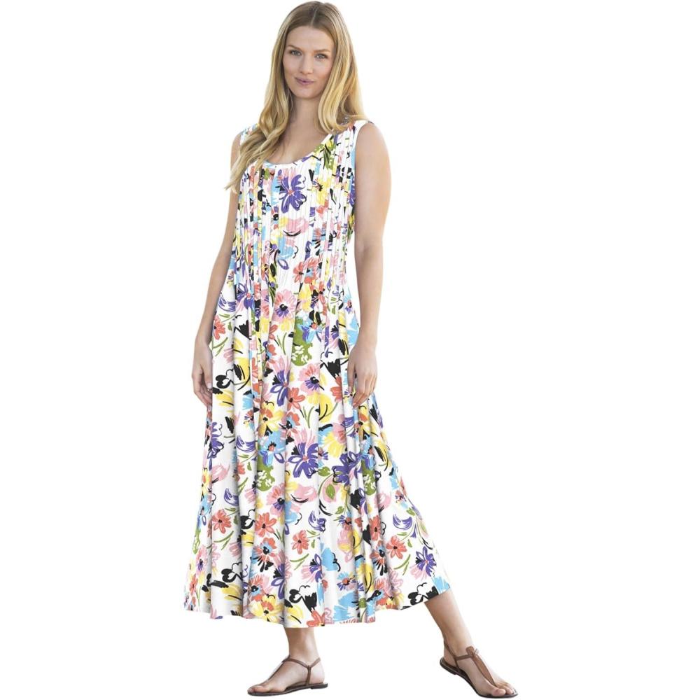 image:imageWoman Within Plus Size Pintucked Sleeveless DressWhite Poppy Blossom
