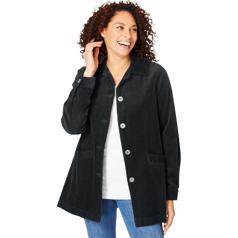 image:imageWoman Within Plus Size PleatBack Corduroy Jacket Long Oversized Barn CoatBlack