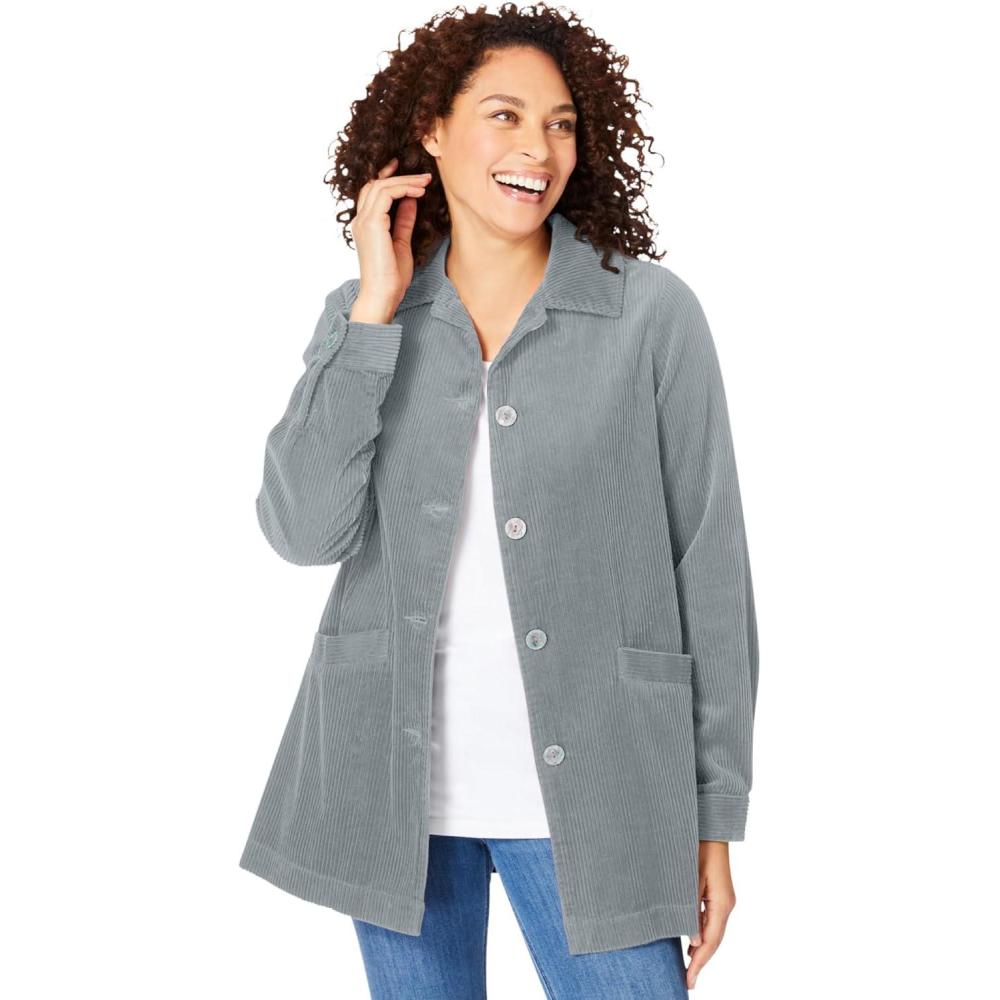 image:imageWoman Within Plus Size PleatBack Corduroy Jacket Long Oversized Barn CoatGunmetal
