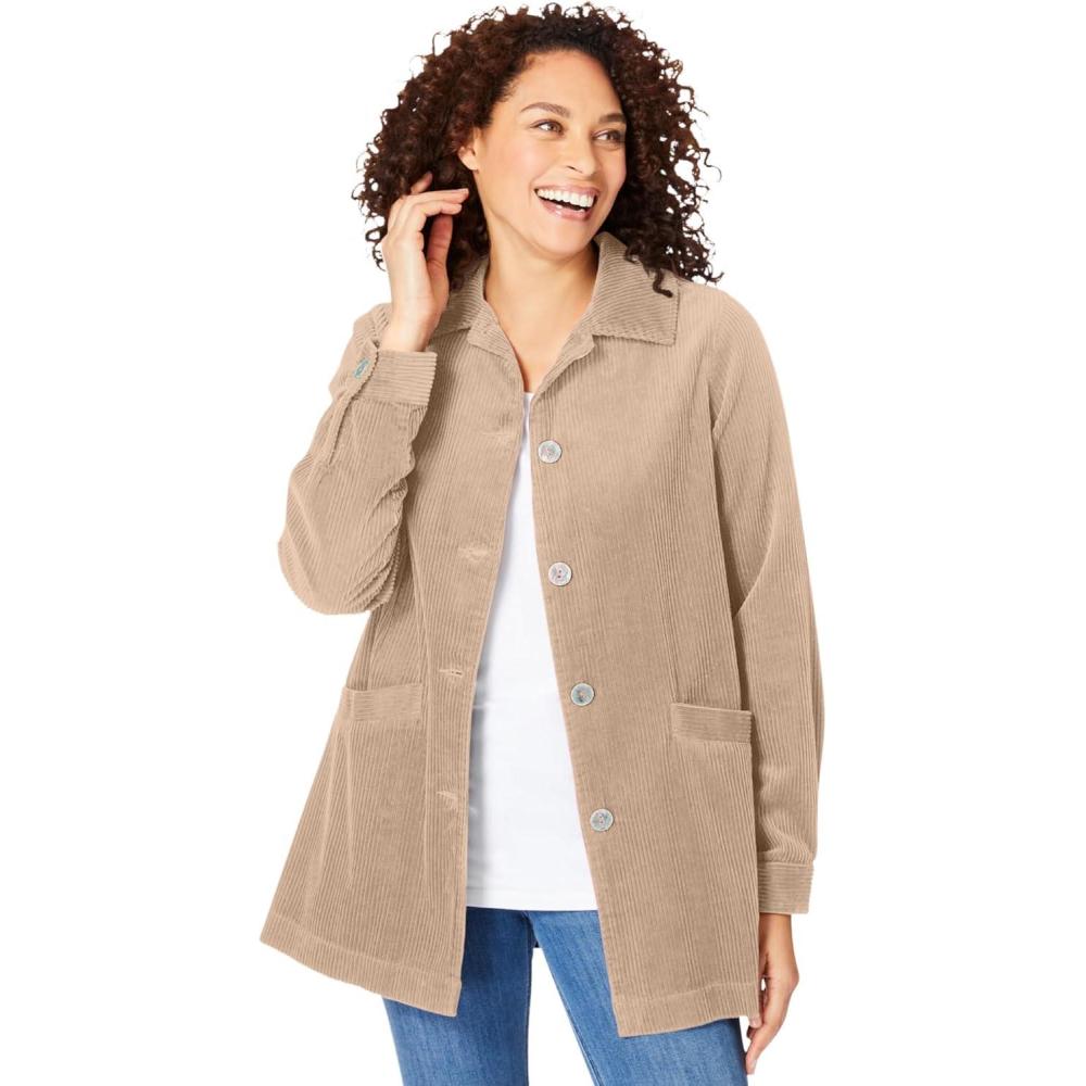 image:imageWoman Within Plus Size PleatBack Corduroy Jacket Long Oversized Barn CoatNew Khaki