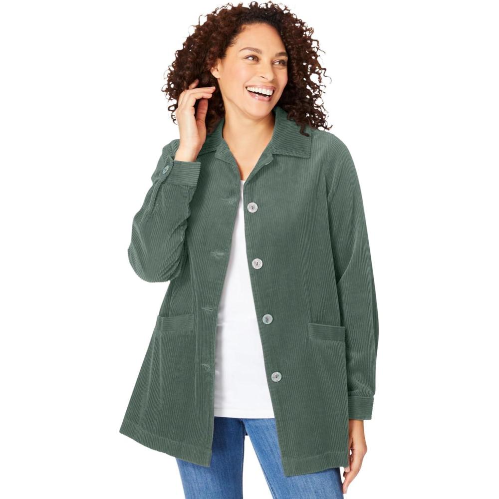 image:imageWoman Within Plus Size PleatBack Corduroy Jacket Long Oversized Barn CoatPine