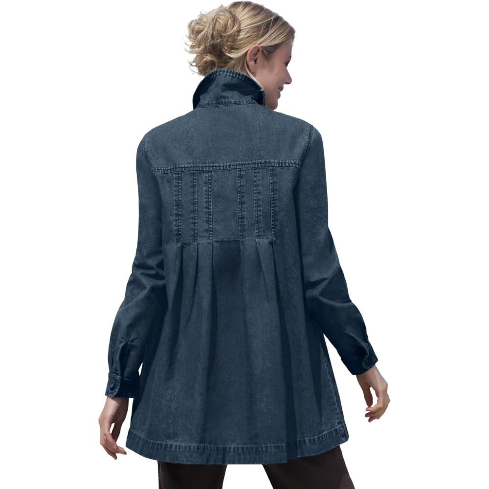 image:imageWoman Within Plus Size PleatBack Denim Jacket Long Oversized Jean CoatIndigo