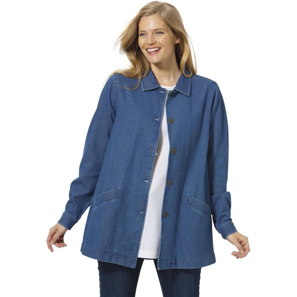 image:imageWoman Within Plus Size PleatBack Denim Jacket Long Oversized Jean CoatMedium Stonewash