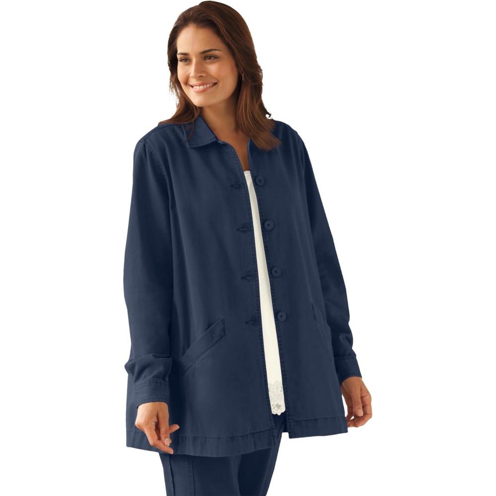 image:imageWoman Within Plus Size PleatBack Denim Jacket Long Oversized Jean CoatNavy