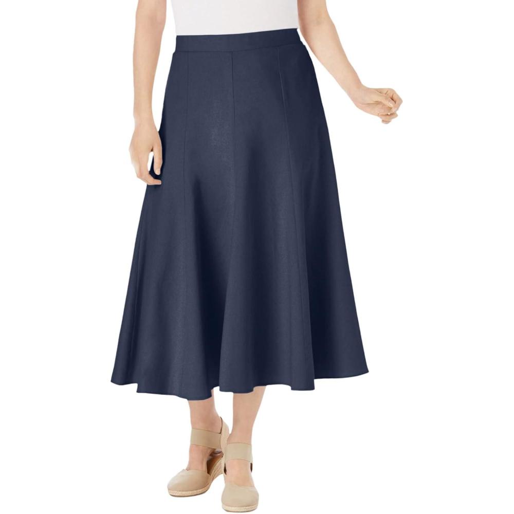 image:imageWoman Within Plus Size Print LinenBlend Midi Skirt Petite AvailableNavy