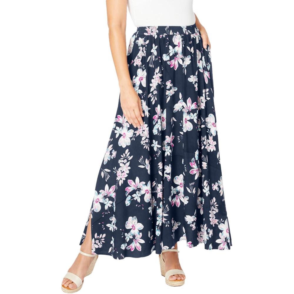 image:imageWoman Within Plus Size PullOn Elastic Waist Soft Maxi SkirtNavy Blossom