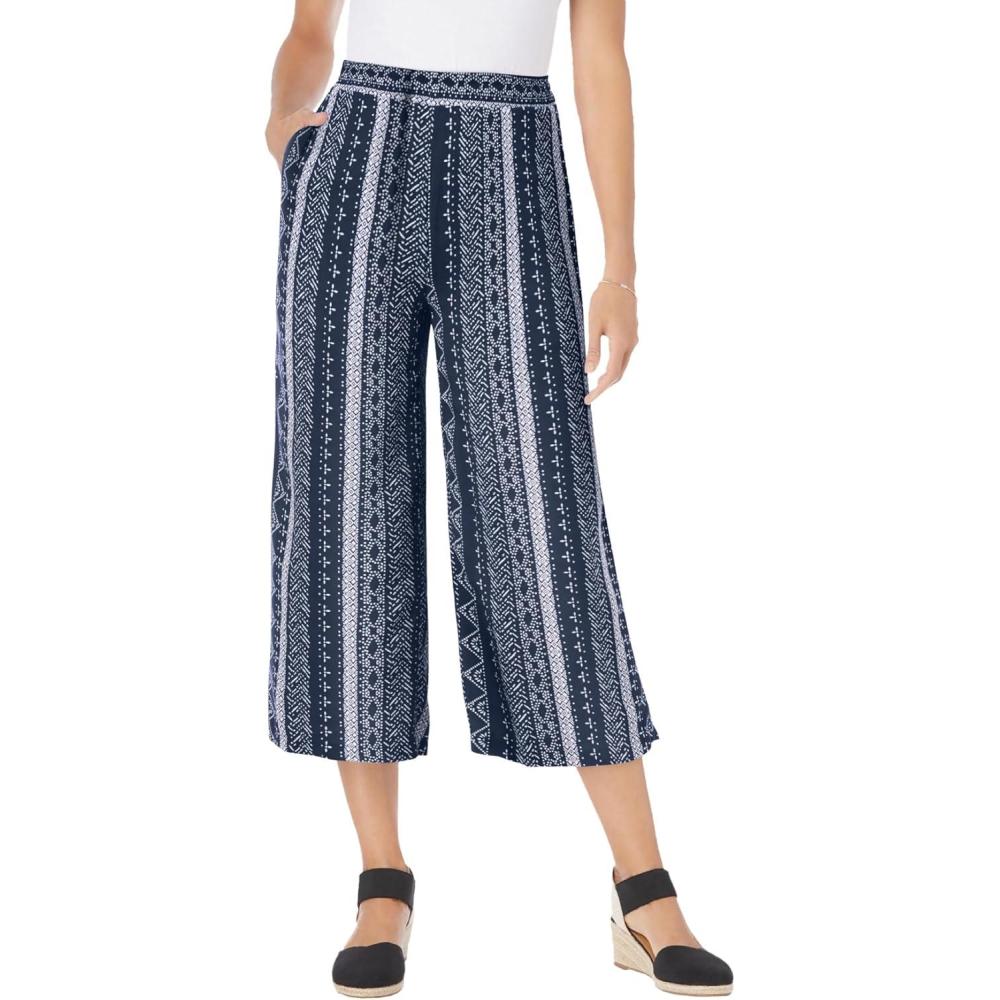 image:imageWoman Within Plus Size PullOn ElasticWaist Soft CapriNavy Batik Stripe