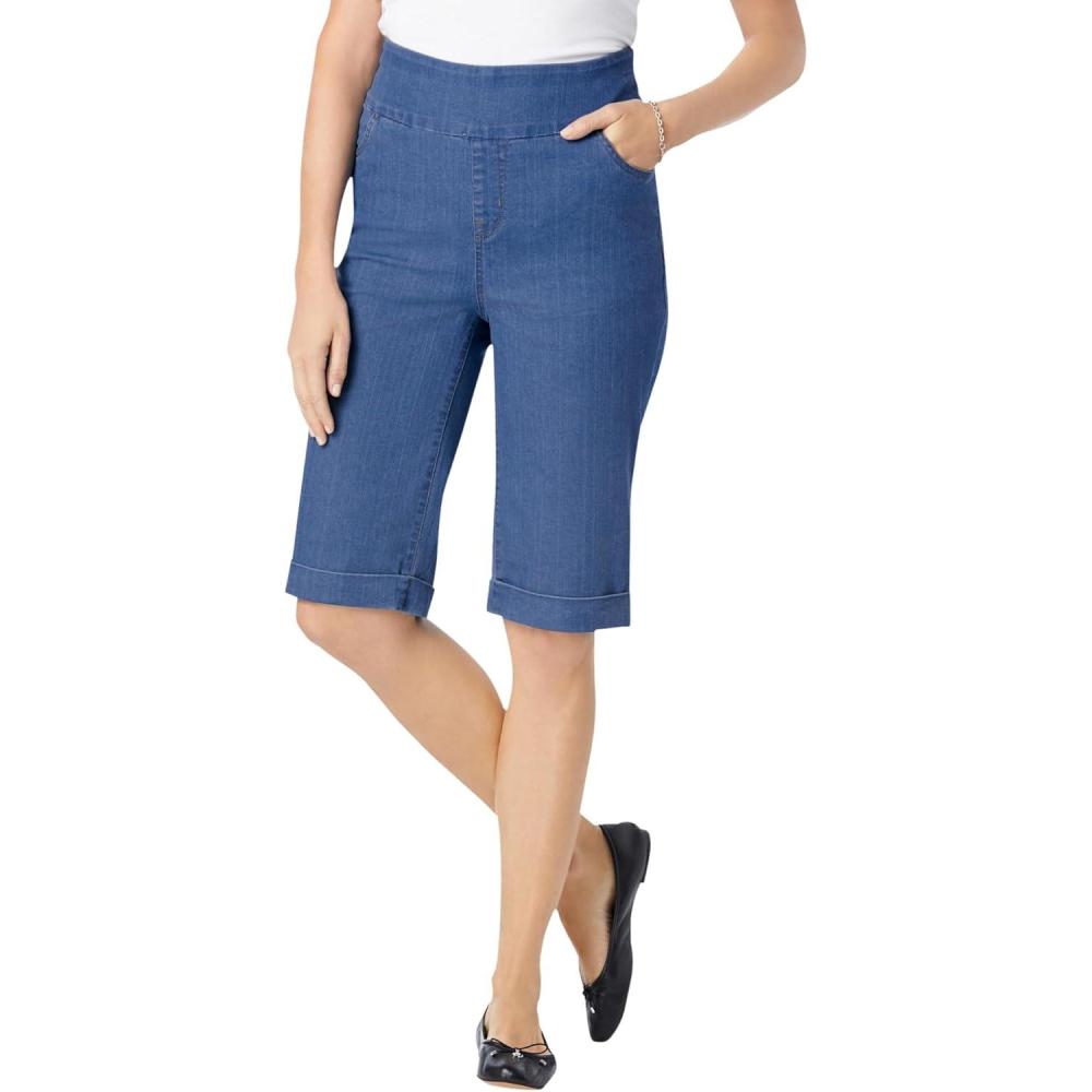 image:imageWoman Within Plus Size PullOn ElasticWaist Stretch Denim Jeans ShortsStonewash Sanded