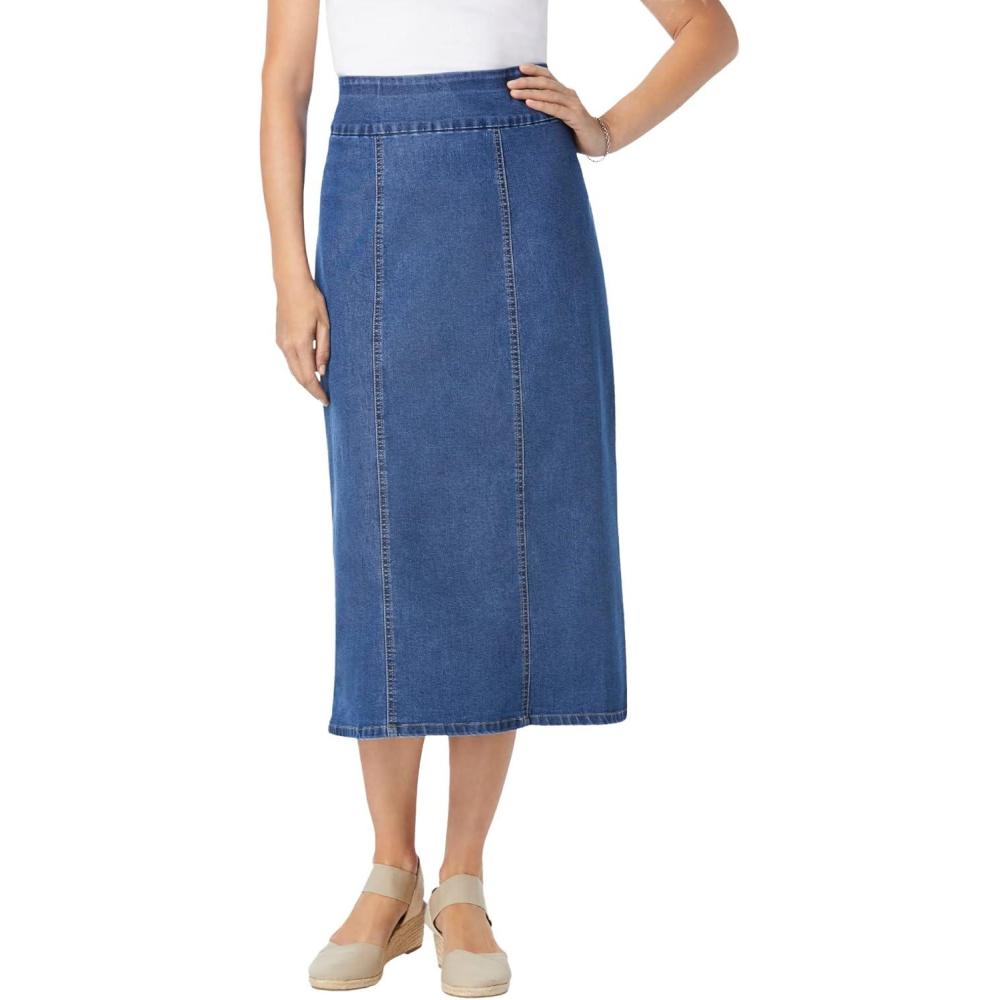 image:imageWoman Within Plus Size PullOn ElasticWaist Stretch Denim SkirtMedium Stonewash