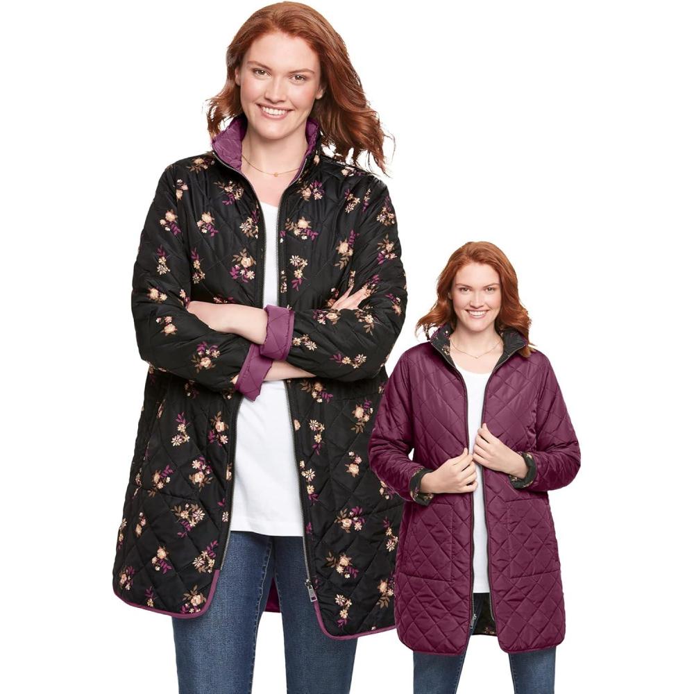 image:imageWoman Within Plus Size Reversible Quilted Barn JacketDeep Claret Black Prairie Floral