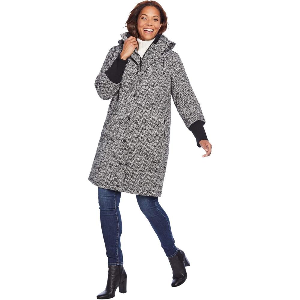image:imageWoman Within Plus Size RibKnit Trim Wool Blend CoatBlack Herringbone