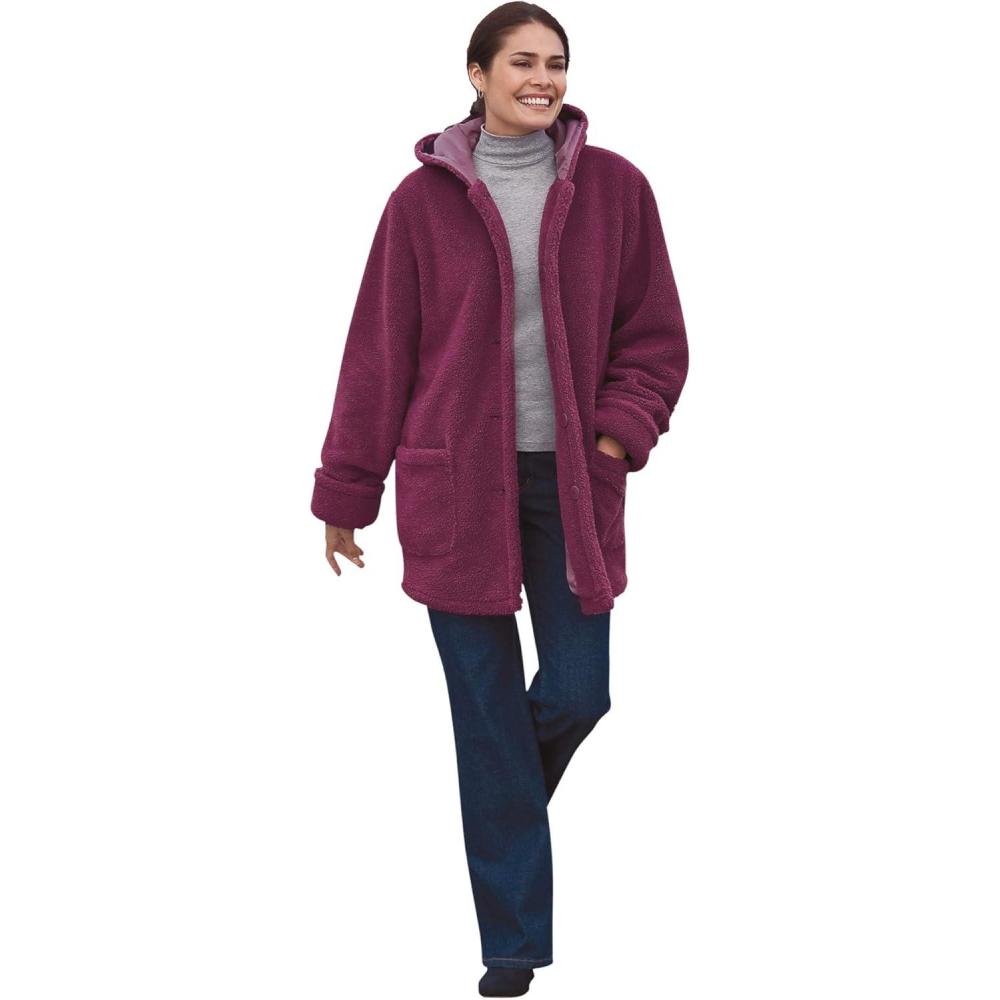 image:imageWoman Within Plus Size Short Hooded Berber Fleece JacketDeep Claret