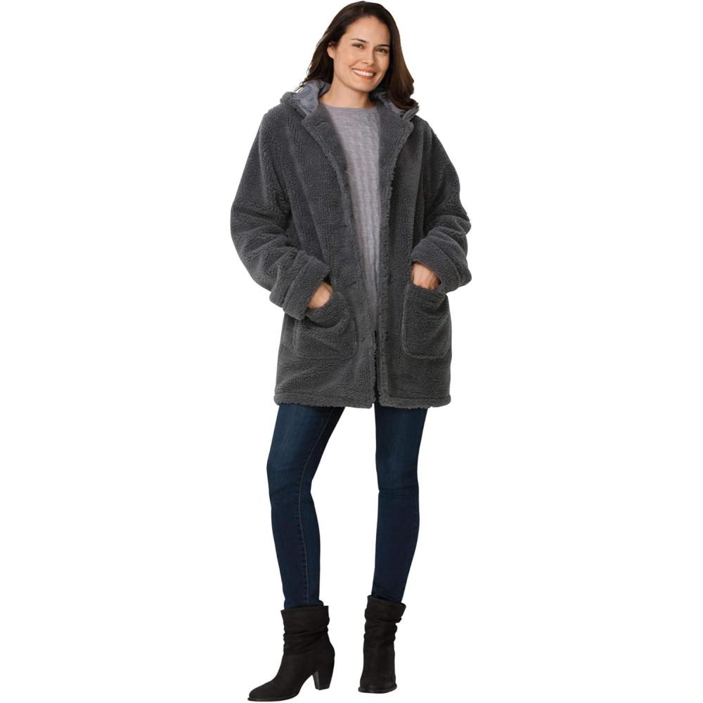 image:imageWoman Within Plus Size Short Hooded Berber Fleece JacketHeather Charcoal