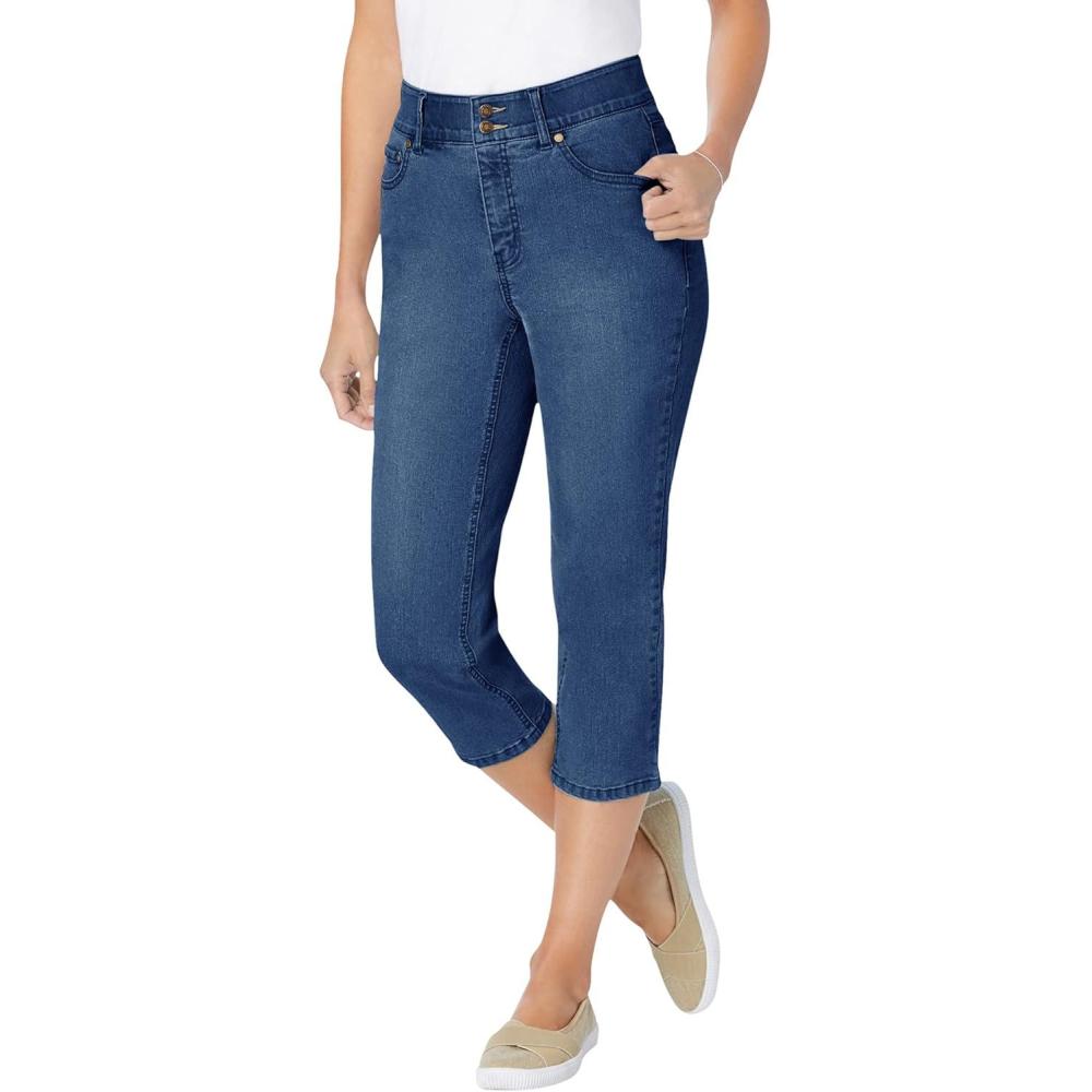 image:imageWoman Within Plus Size Stretch Builtin Slimming Panel Capri JeansMedium Stonewash