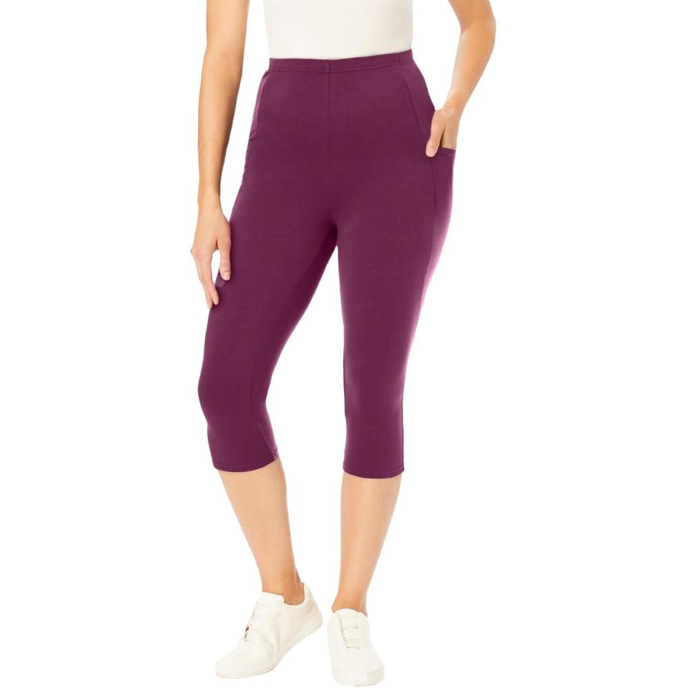 image:imageWoman Within Plus Size StretchCotton Knit PullOn Pocket Capri LeggingsDeep Claret
