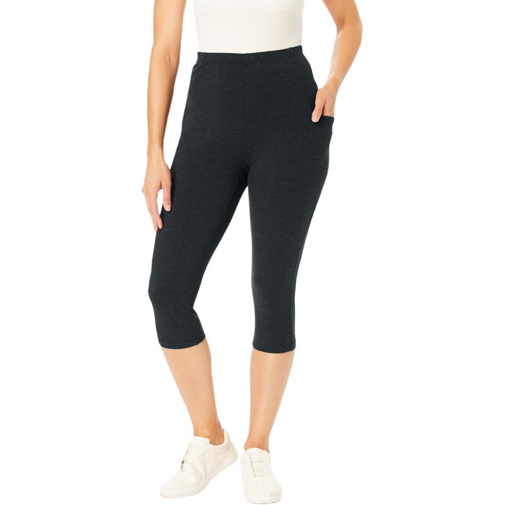 image:imageWoman Within Plus Size StretchCotton Knit PullOn Pocket Capri LeggingsHeather Charcoal