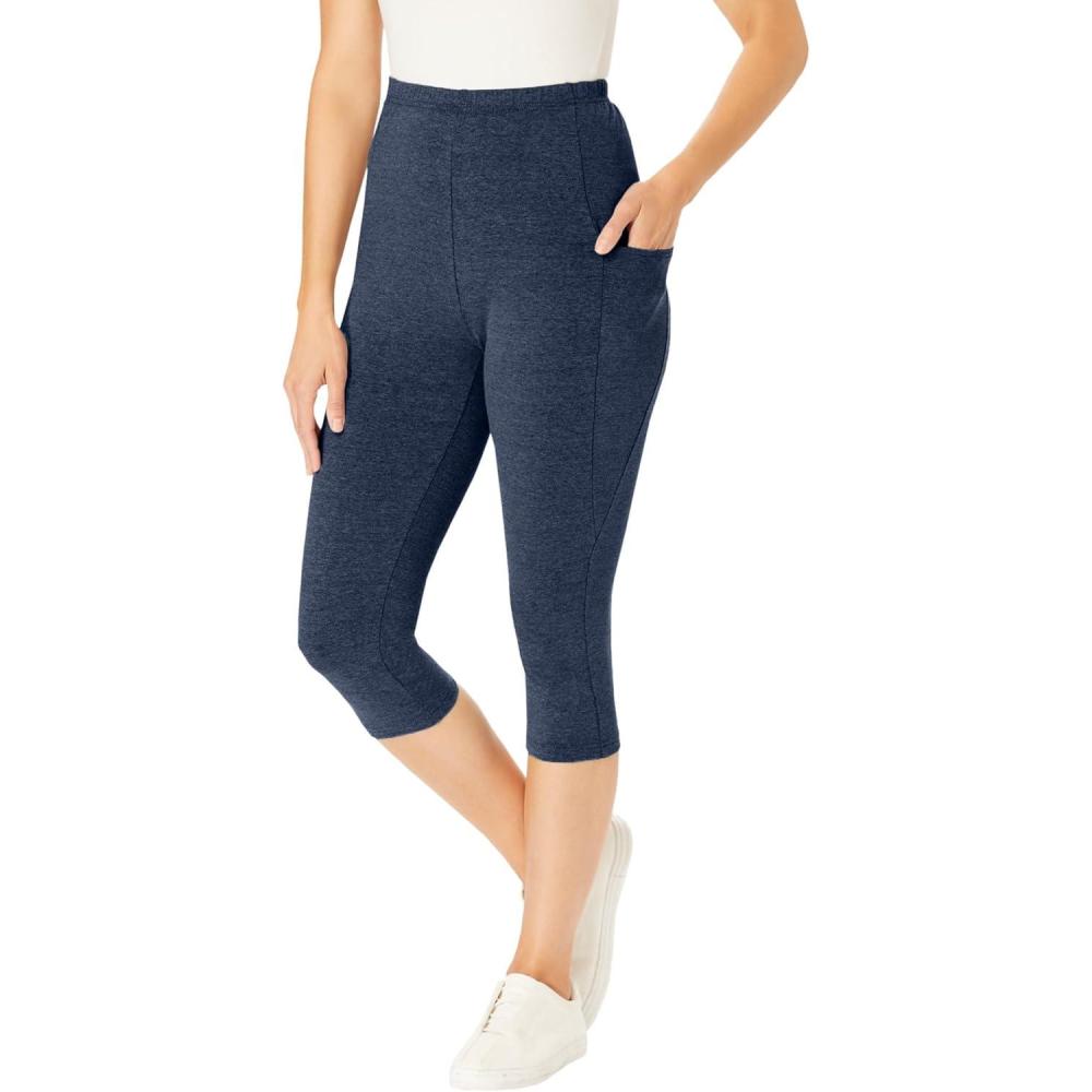image:imageWoman Within Plus Size StretchCotton Knit PullOn Pocket Capri LeggingsHeather Navy