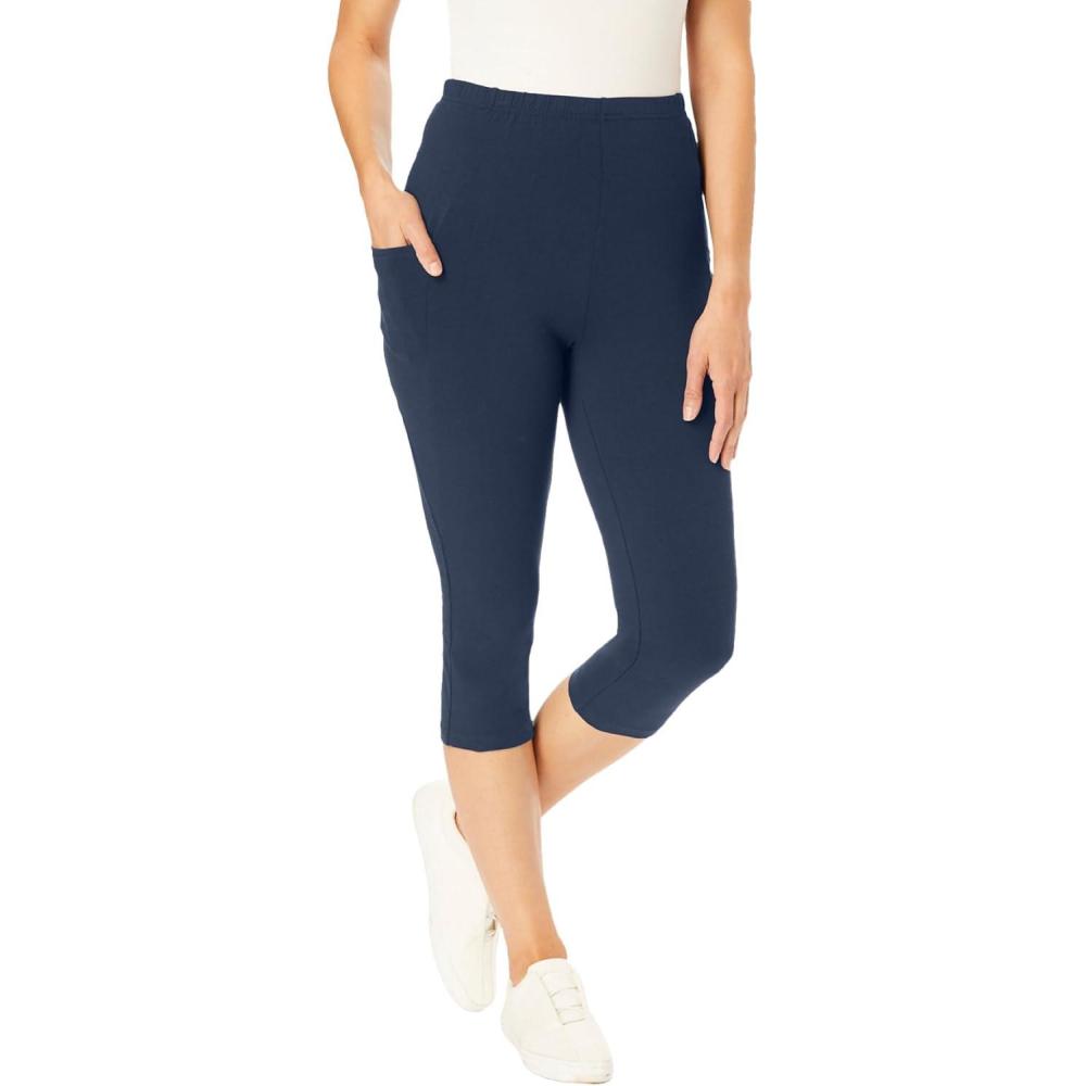 image:imageWoman Within Plus Size StretchCotton Knit PullOn Pocket Capri LeggingsNavy