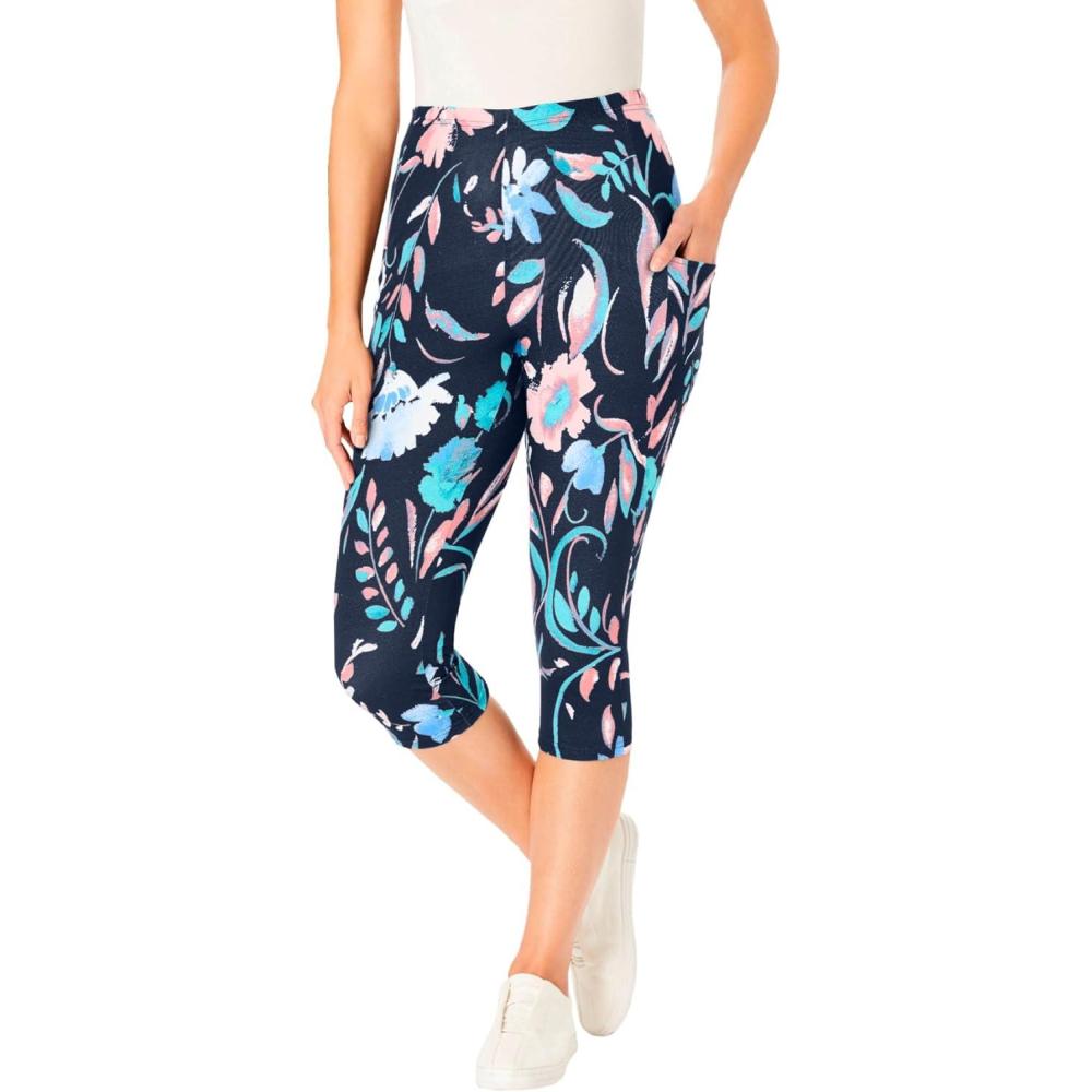 image:imageWoman Within Plus Size StretchCotton Knit PullOn Pocket Capri LeggingsNavy Coral Multi Floral