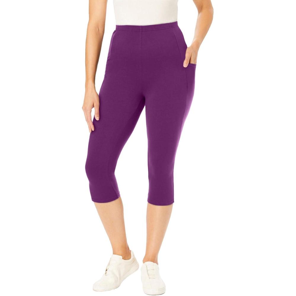 image:imageWoman Within Plus Size StretchCotton Knit PullOn Pocket Capri LeggingsPlum Purple
