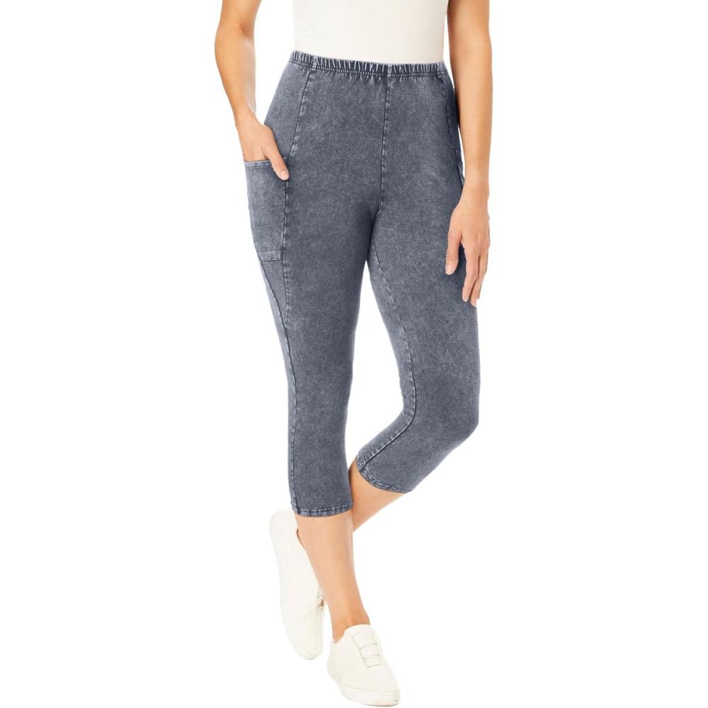 image:imageWoman Within Plus Size StretchCotton Knit PullOn Pocket Capri LeggingsStone Wash
