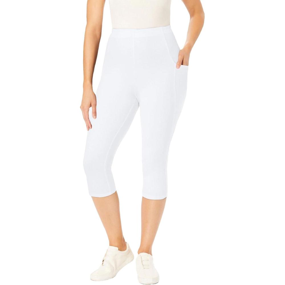 image:imageWoman Within Plus Size StretchCotton Knit PullOn Pocket Capri LeggingsWhite