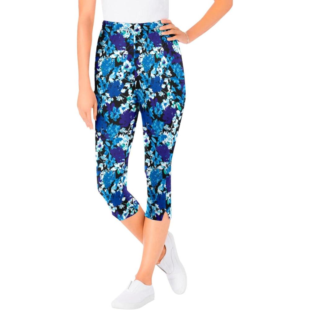 image:imageWoman Within Plus Size StretchCotton Knit PullOn Printed Capri LeggingsBlack Watercolor Flowers