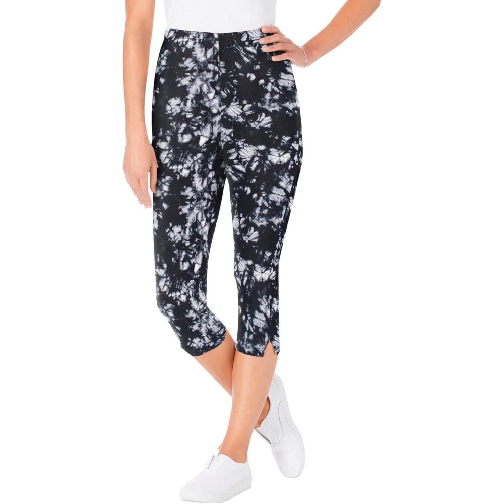 image:imageWoman Within Plus Size StretchCotton Knit PullOn Printed Capri LeggingsBlack White Tie Dye