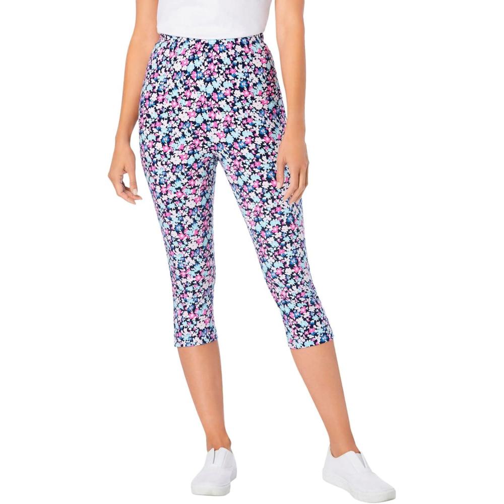 image:imageWoman Within Plus Size StretchCotton Knit PullOn Printed Capri LeggingsNavy Happy Ditsy