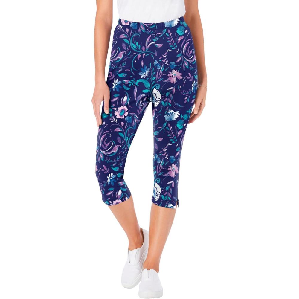 image:imageWoman Within Plus Size StretchCotton Knit PullOn Printed Capri LeggingsNavy Multi Florals