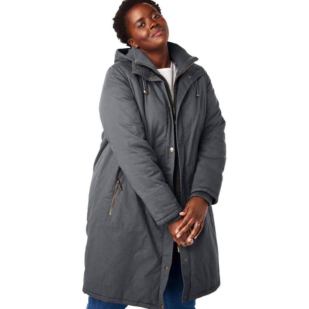 image:imageWoman Within Plus Size Twill Hooded Stadium JacketDark Charcoal
