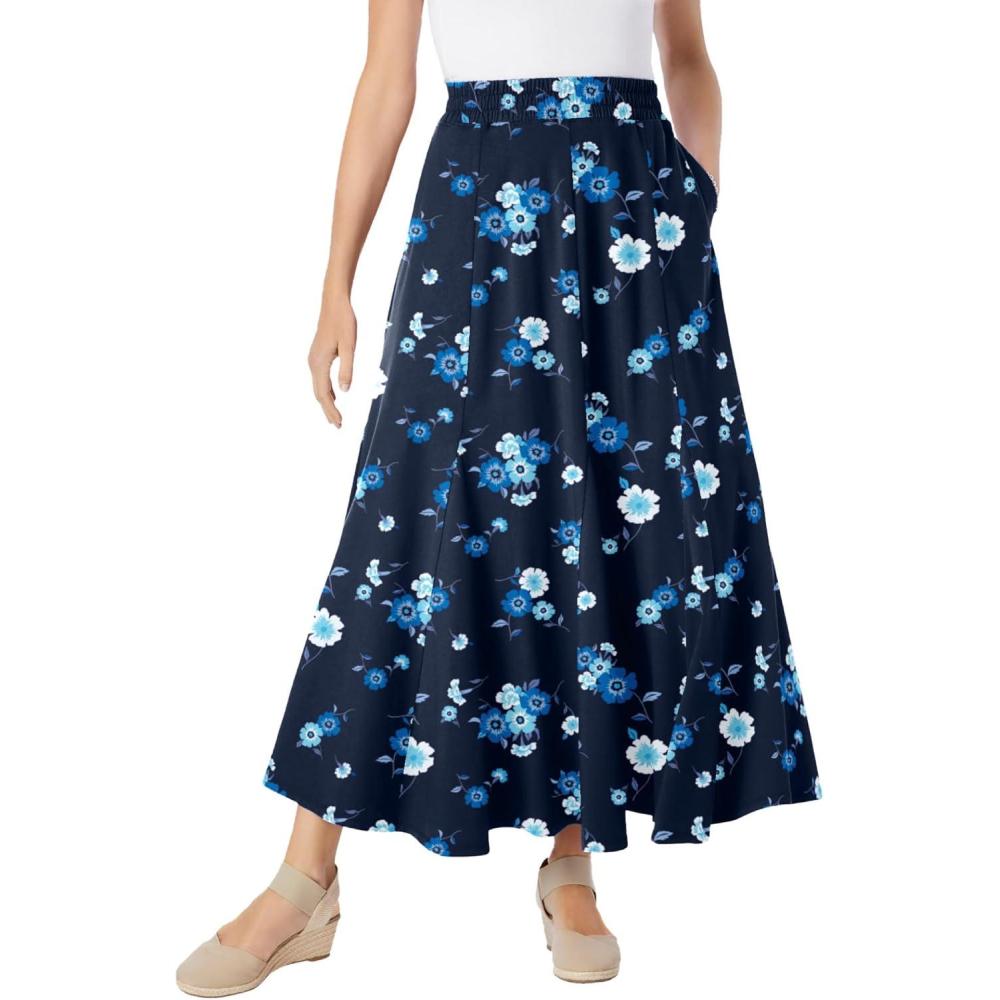 image:imageWoman Within Plus Size Wide Elastic Waist SkirtNavy Ditsy Floral