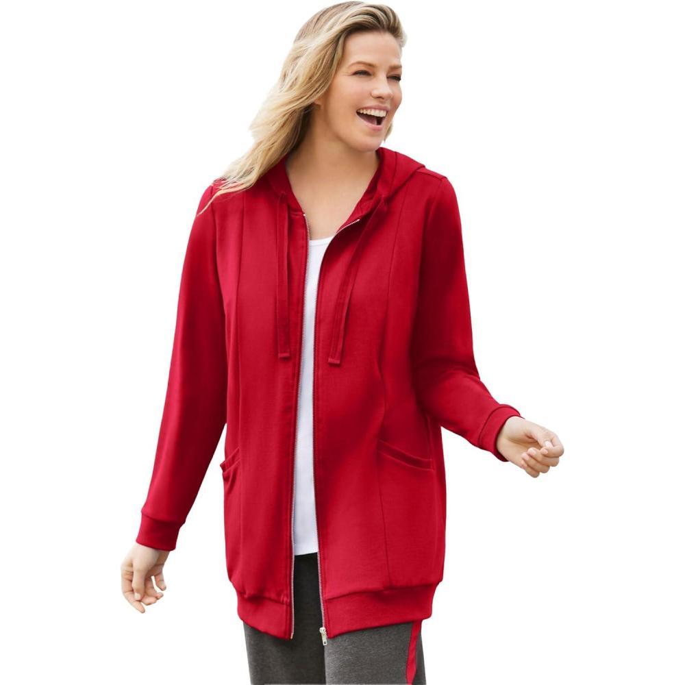 image:imageWoman Within Plus Size Zip Front Hoodie Jacket Long Oversized Fleece JacketClassic Red