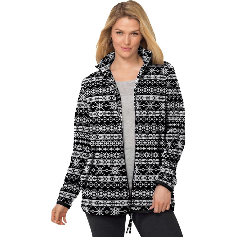 image:imageWoman Within Plus Size ZipFront Microfleece Jacket Long Oversized FleeceBlack Fair Isle