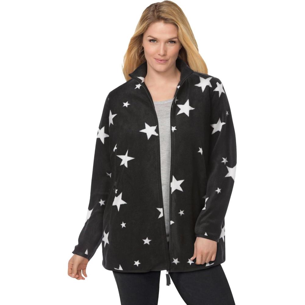 image:imageWoman Within Plus Size ZipFront Microfleece Jacket Long Oversized FleeceBlack White Stars