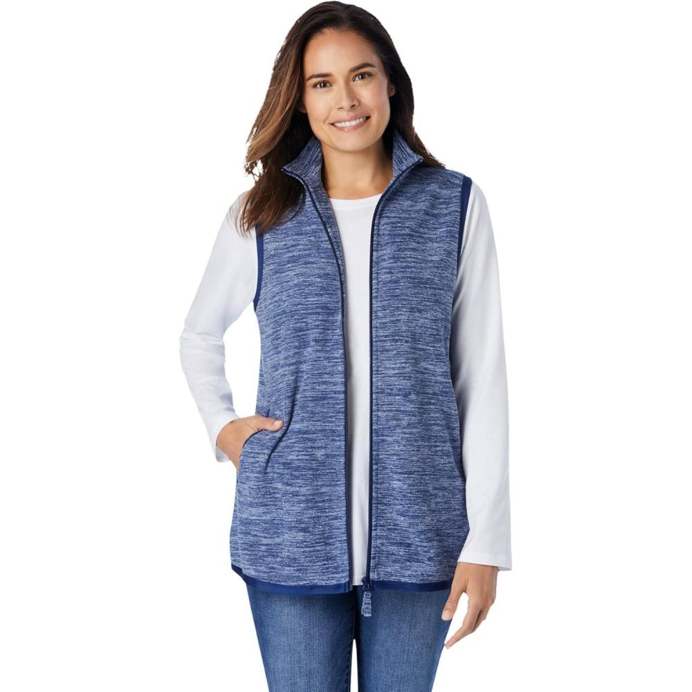 image:imageWoman Within Plus Size ZipFront Microfleece Vest Long Fleece VestEvening Blue Marled