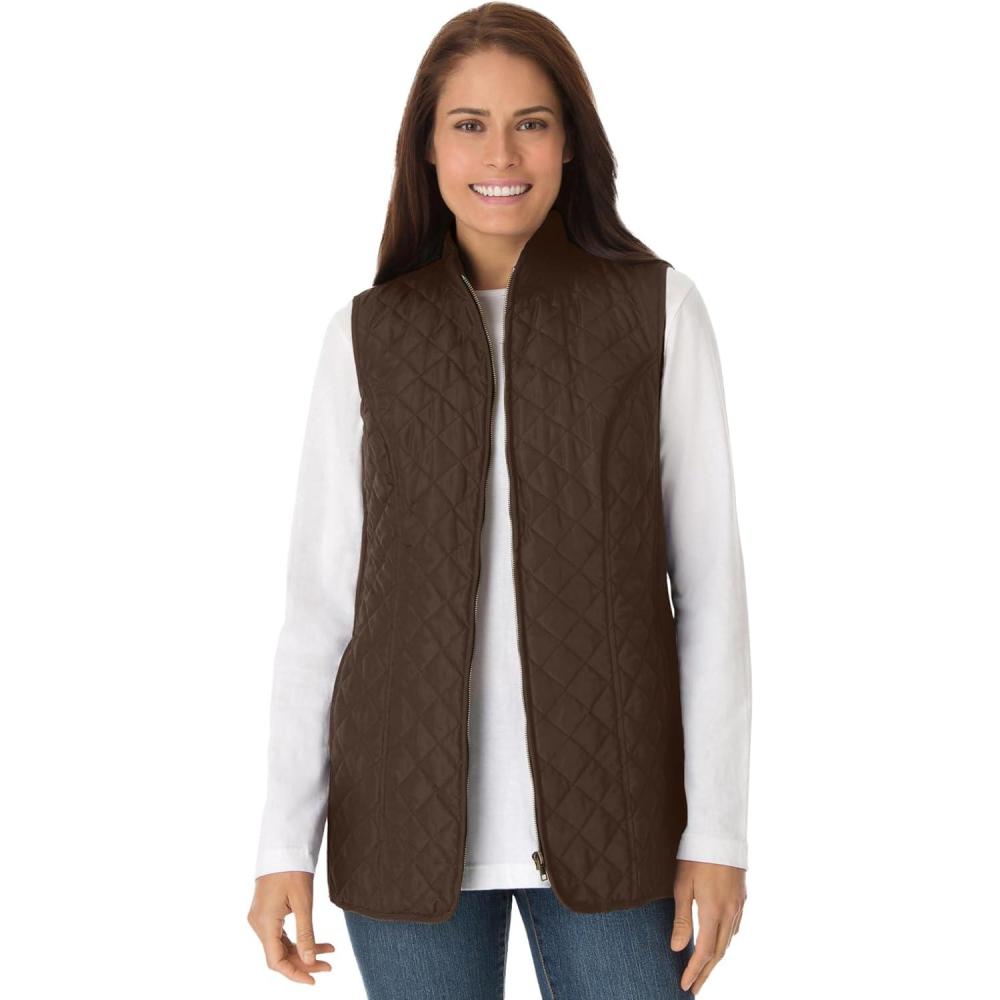 image:imageWoman Within Plus Size ZipFront Quilted Vest Long Lightweight GiletChocolate