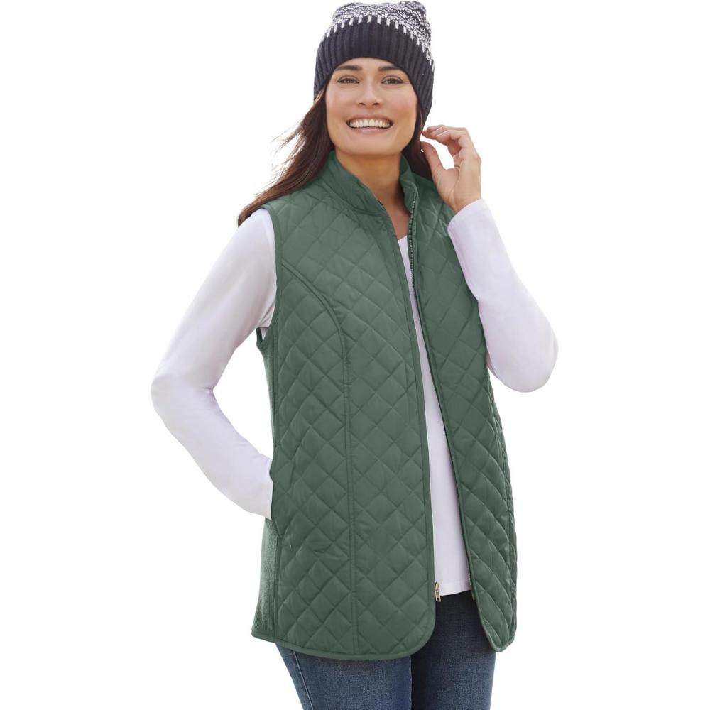 image:imageWoman Within Plus Size ZipFront Quilted Vest Long Lightweight GiletPine