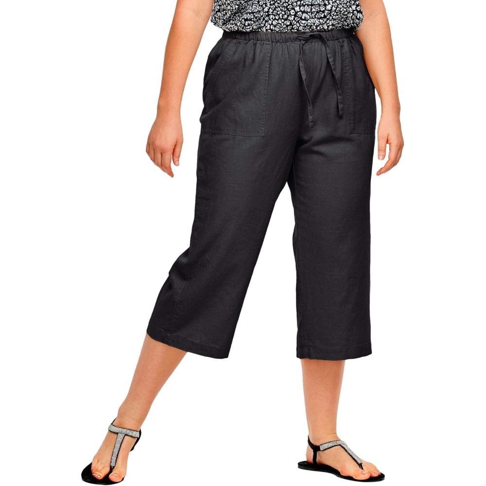 image:imageellos Plus Size LinenBlend Drawstring Elastic Waist Relaxed Fit CaprisBlack