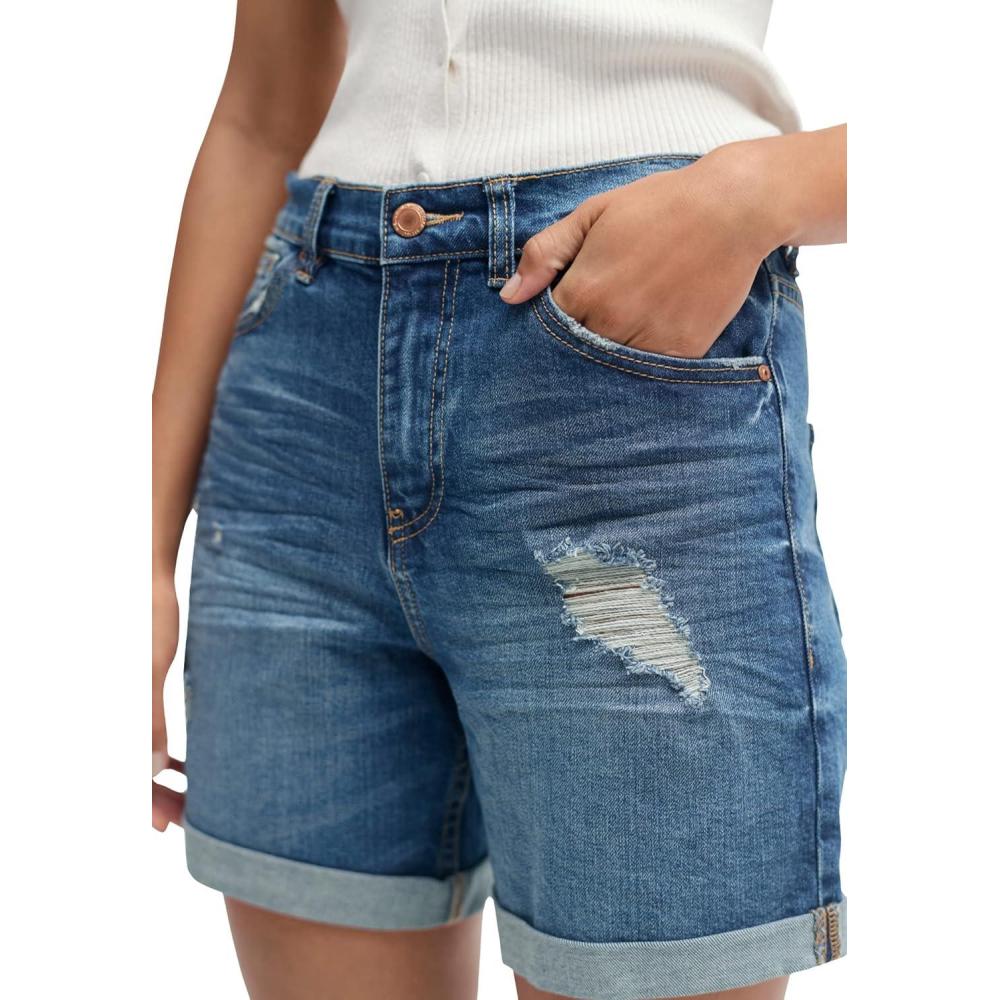 image:imageellos Plus Size Stretch Denim MidRise Boyfriend ShortsMedium Blue Distressed