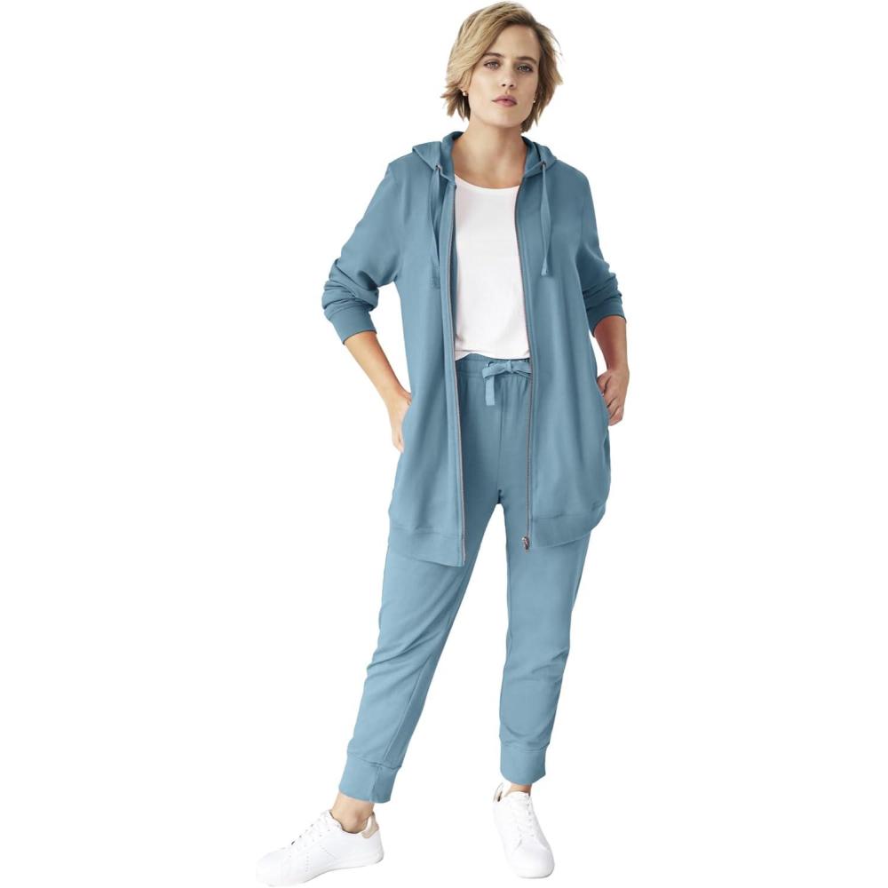 image:imageellos Womens Plus Size Long Zip Front Hoodie French Terry Long Oversized Lightweight JacketBlue Sea
