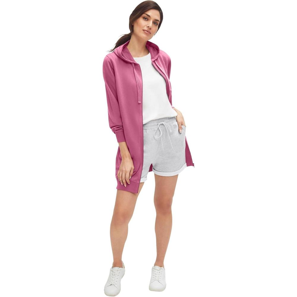 image:imageellos Womens Plus Size Long Zip Front Hoodie French Terry Long Oversized Lightweight JacketCherry Glow