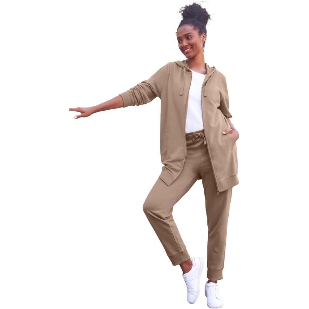image:imageellos Womens Plus Size Long Zip Front Hoodie French Terry Long Oversized Lightweight JacketDark Taupe