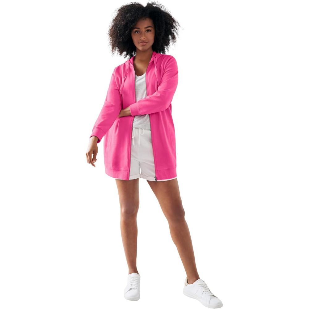 image:imageellos Womens Plus Size Long Zip Front Hoodie French Terry Long Oversized Lightweight JacketRaspberry Sorbet